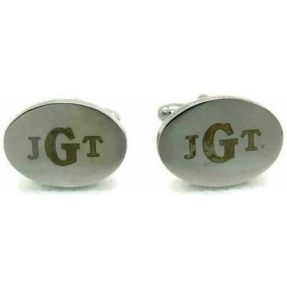 "JGT" Monogram Cufflinks Bullet Oval 1" x 3/4" Silver T Tux Party Shirt Wedding - Picture 3 of 5